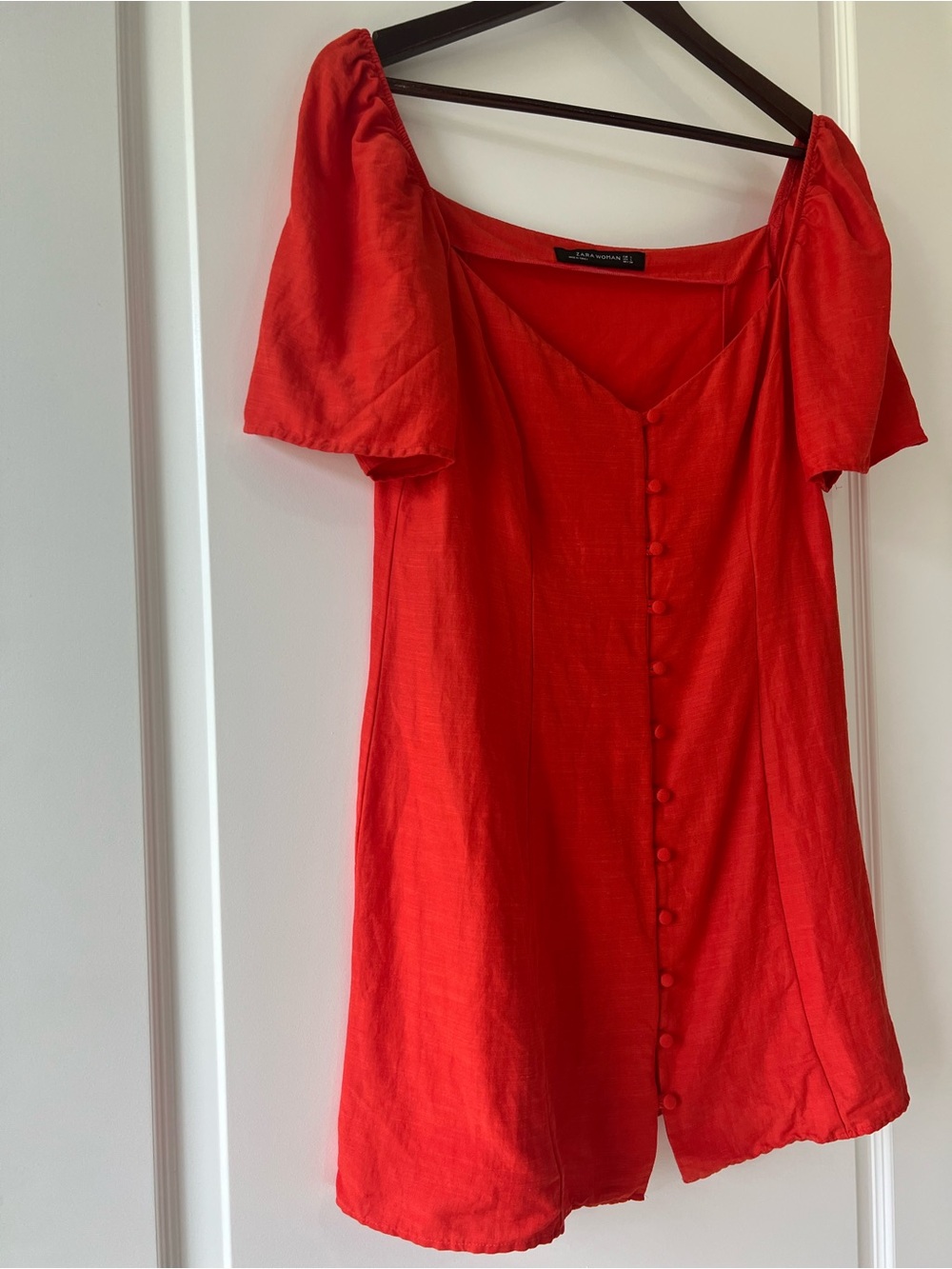 Zara Red Linen Button Mini Dress Sweetheart Neck Short Sleeve Puff Womens Large - Picture 5 of 7